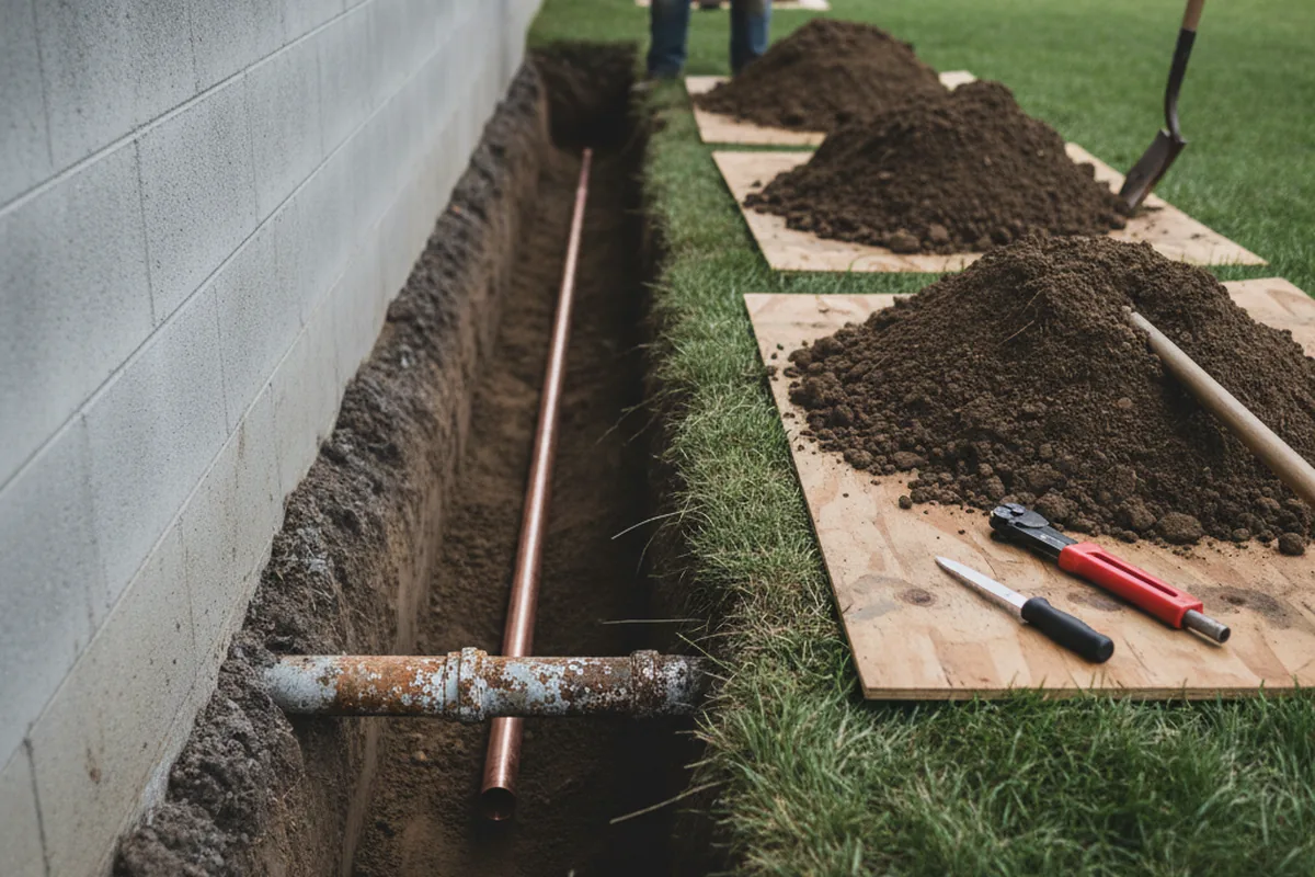 Excavated water line trench during Water Softener Installation in Forest